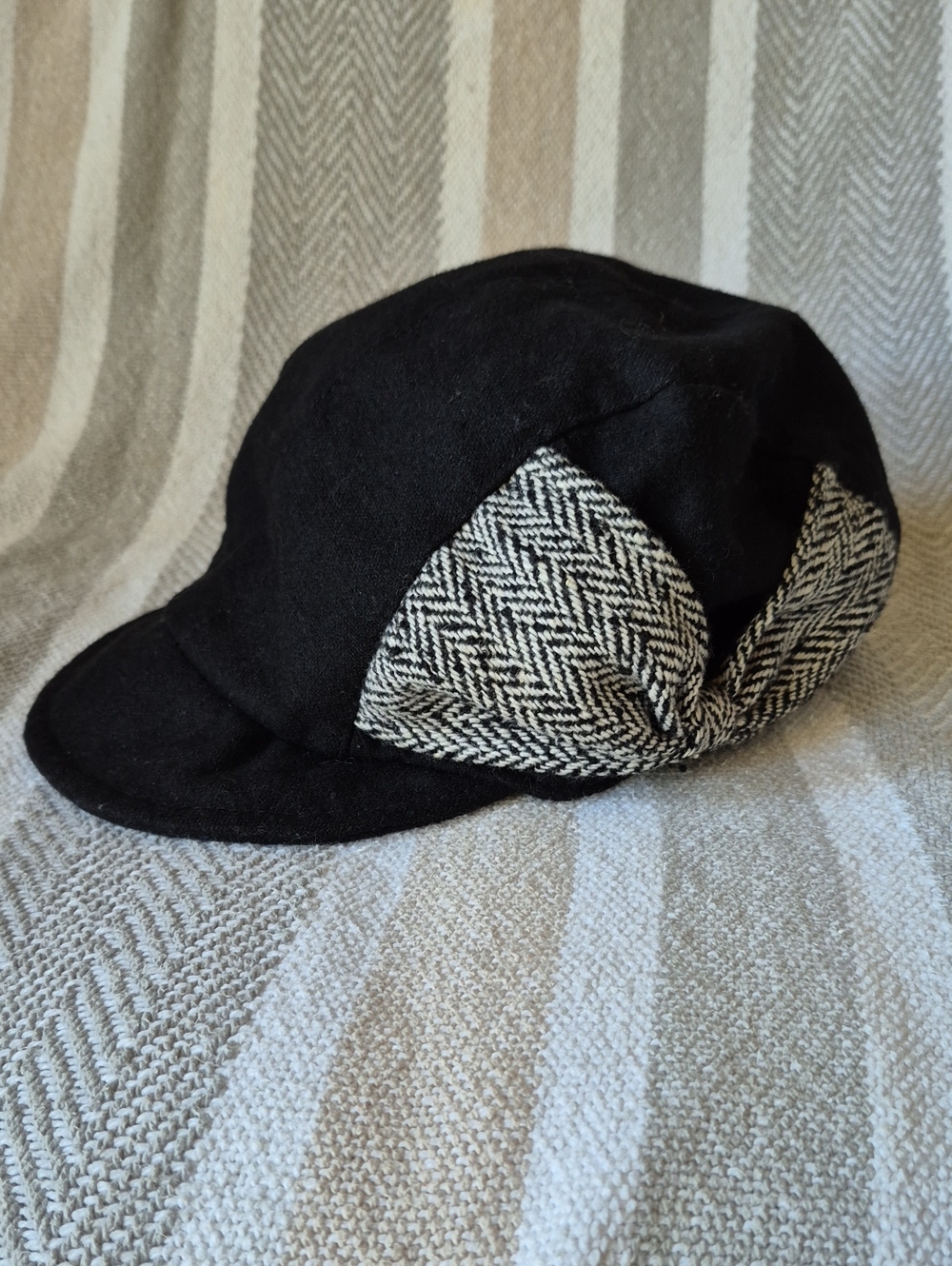 Black Newsboy Cap with Herringbone Panels